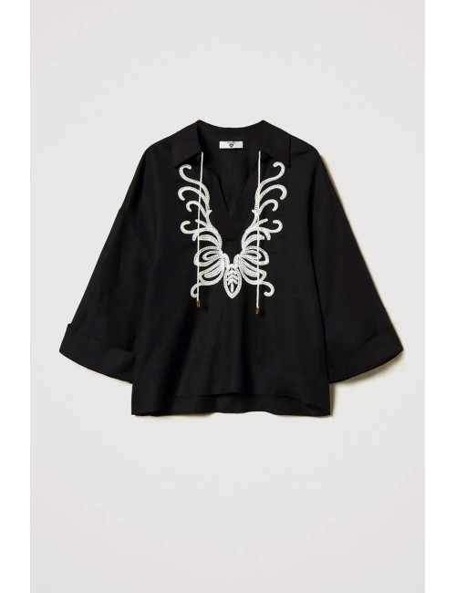 Blusa in misto lino con ricami  nero/madreperla 251lb2fcc 02710 +++