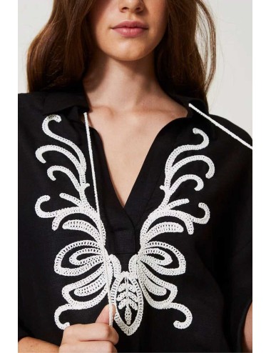 Blusa in misto lino con ricami  nero/madreperla 251lb2fcc 02710 +++