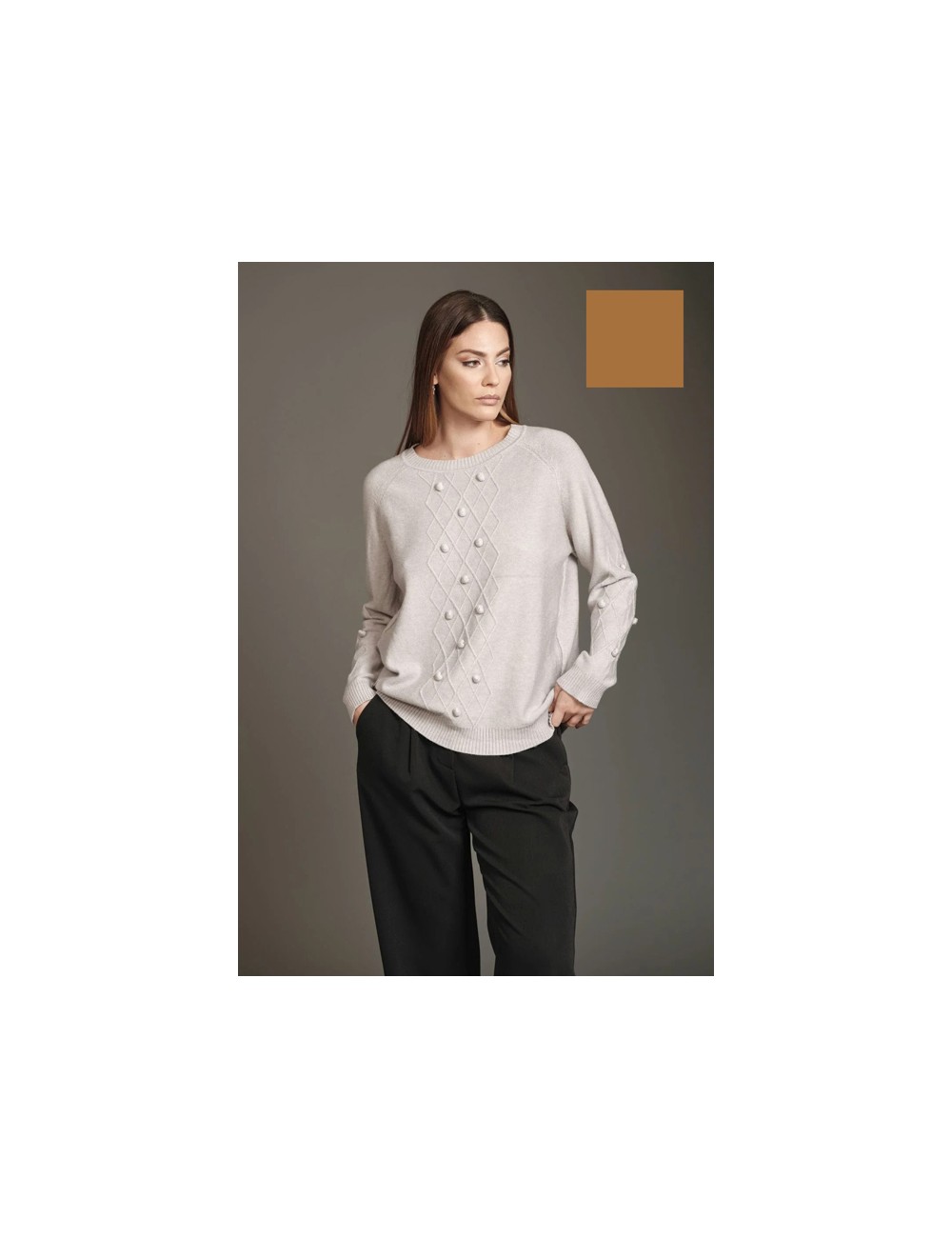 Fresh flower - maglia girocollo lavorazione con pon pon ff275 cammello Fresh flower - maglia girocollo lavorazione con pon pon ff275 cammello