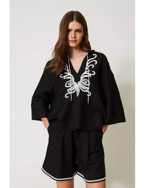 Blusa in misto lino con ricami  nero/madreperla 251lb2fcc 02710 +++