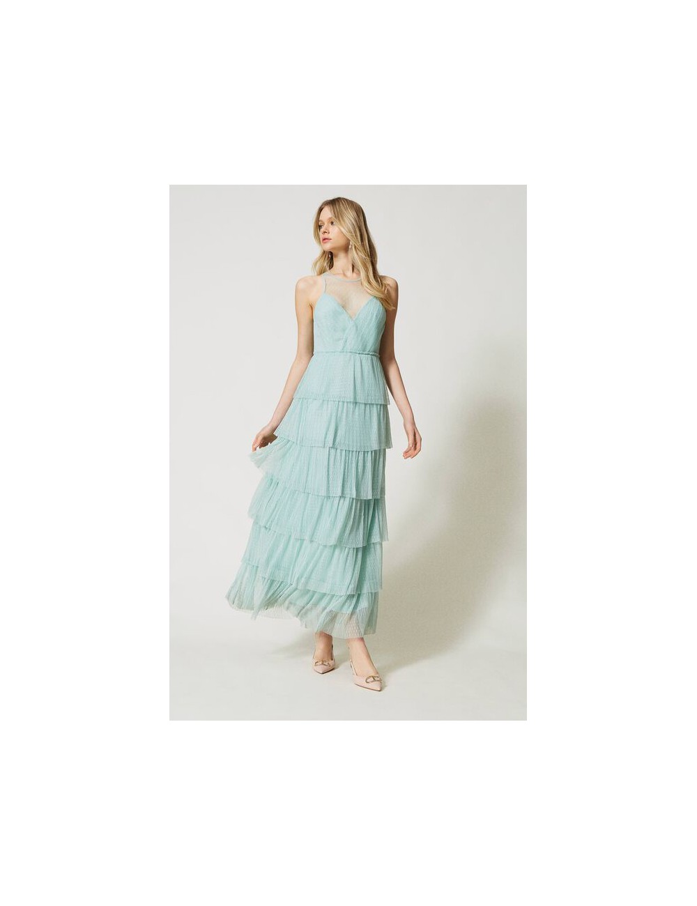 Twinset -abito lungo in tulle plumetis a balze 231tp2443 00625 Twinset -abito lungo in tulle plumetis a balze 231tp2443 00625