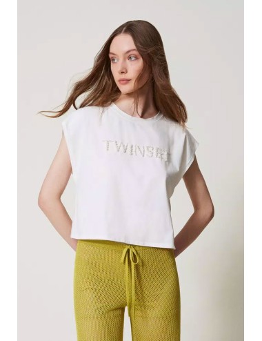 T-shirt con ricamo logo di perle 251lm2taa 00632