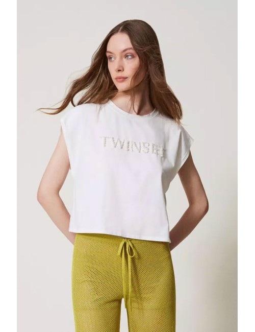 T-shirt con ricamo logo di perle 251lm2taa 00632