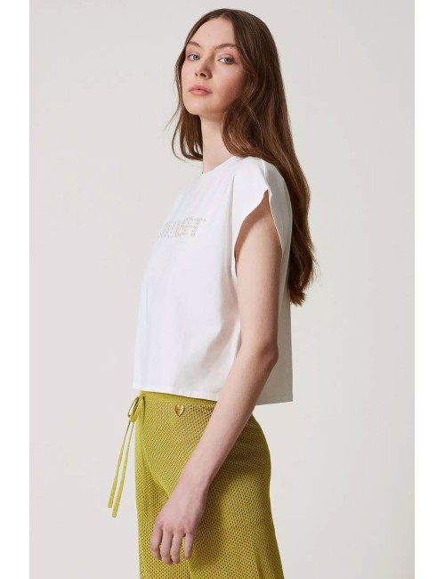 T-shirt con ricamo logo di perle 251lm2taa 00632