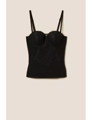 Twinset - top bustier in maglia con pizzo 252ll3raa 00006 nero
