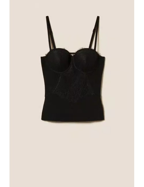 Twinset - top bustier in maglia con pizzo 252ll3raa 00006 nero