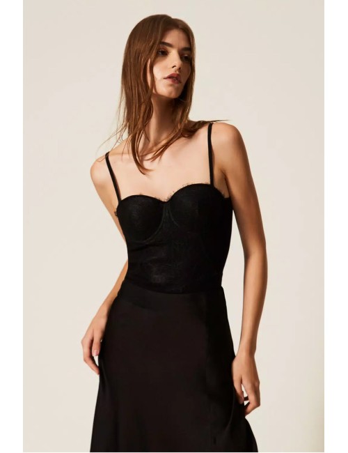Twinset - top bustier in maglia con pizzo 252ll3raa 00006 nero