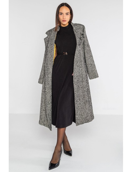 Lokita - cappotto lungo con cintura in tesuto spigato 1280 lok82081 nero/avorio