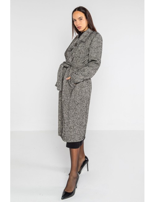 Lokita - cappotto lungo con cintura in tesuto spigato 1280 lok82081 nero/avorio