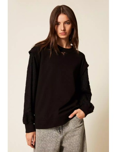 Twinset - felpa con maniche in pizzo 252ll2jcc 00006 nero