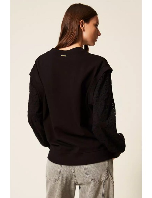 Twinset - felpa con maniche in pizzo 252ll2jcc 00006 nero