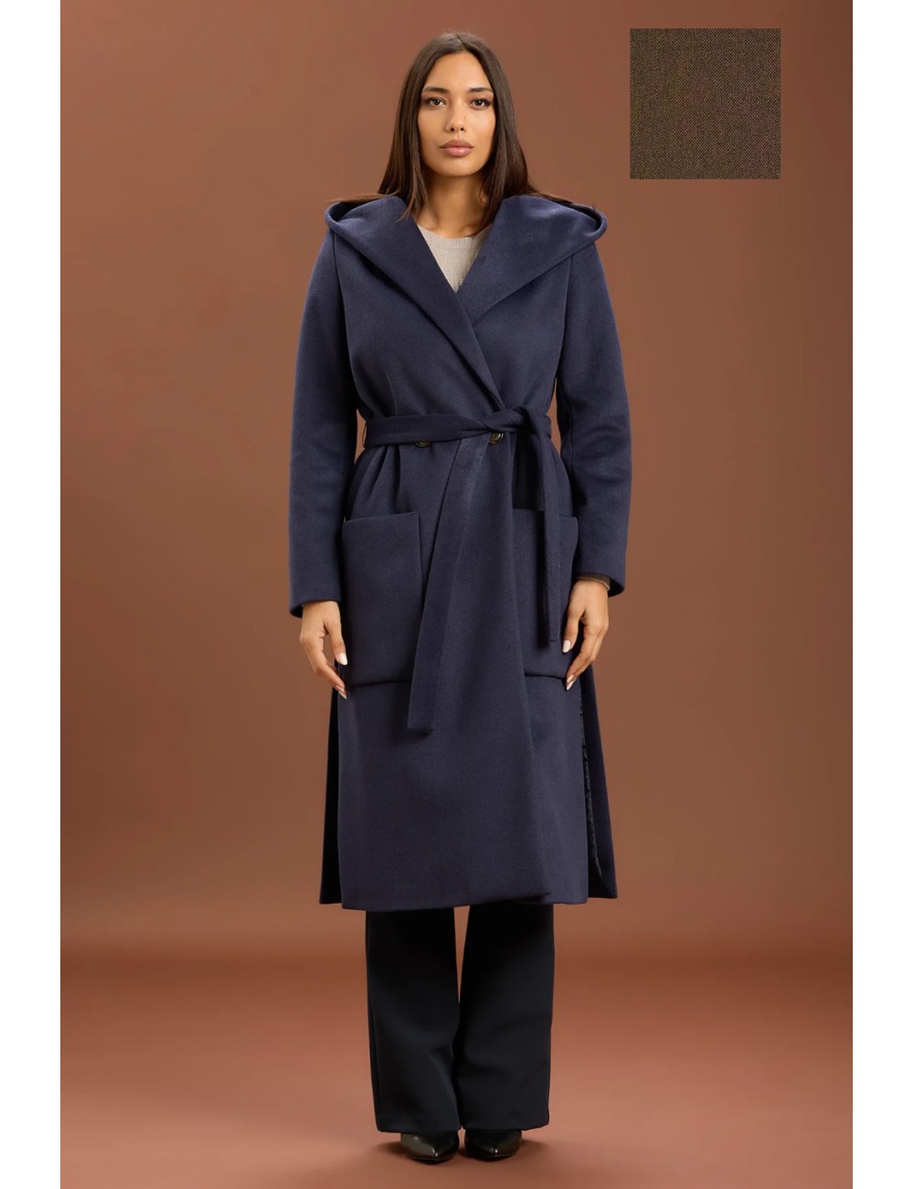 Take two - cappotto lungo con cinta e cappuccio dt01239 moro