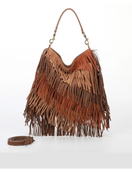 Mimi muà - borsa a sacca con frange m8-h201314 cuoio