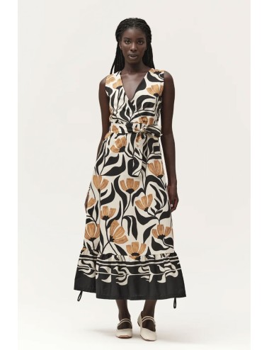 Abito lungo smanicato in cotone fantasia ww30702 nero burro +++