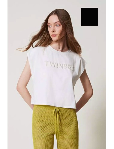 T-shirt con ricamo logo di perle 251lm2taa 00006