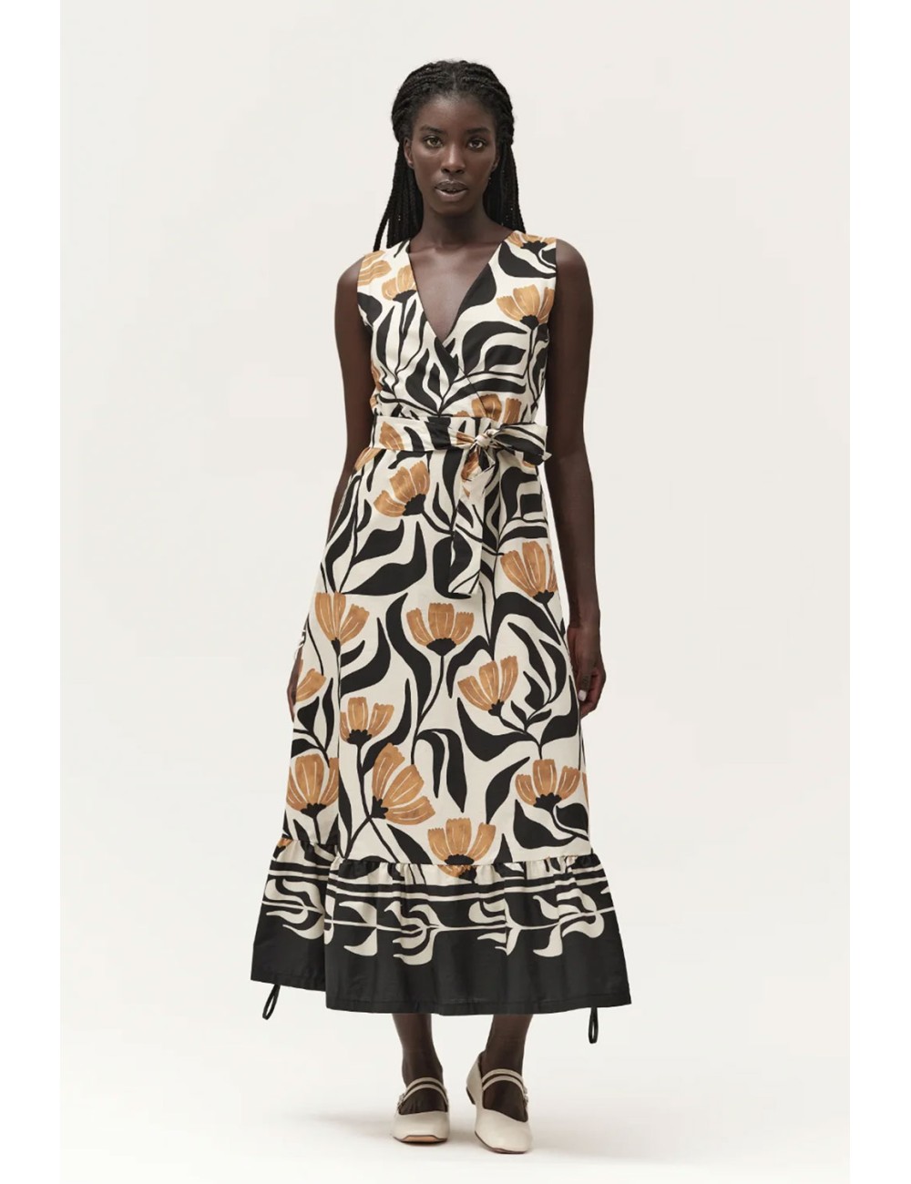 Abito lungo smanicato in cotone fantasia ww30702 nero burro +++