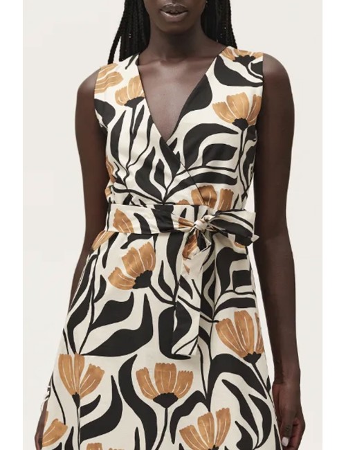 Abito lungo smanicato in cotone fantasia ww30702 nero burro +++