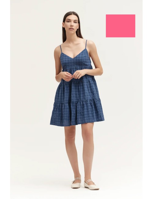 Abito corto con bretelline in sangallo ww30412 fuxia