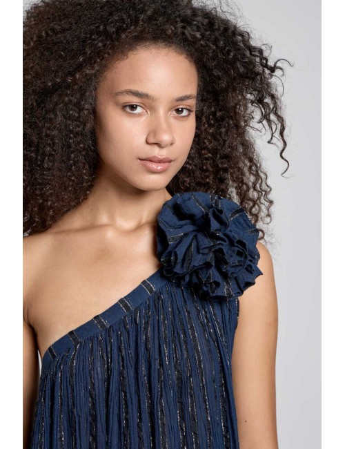 Christianzen - abito lungo con fiore calista lurex midnight blue