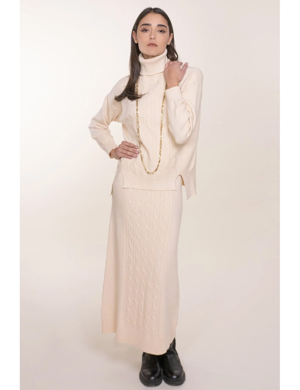 White wise - completo maglia gonna con trecce ww19125 naturale