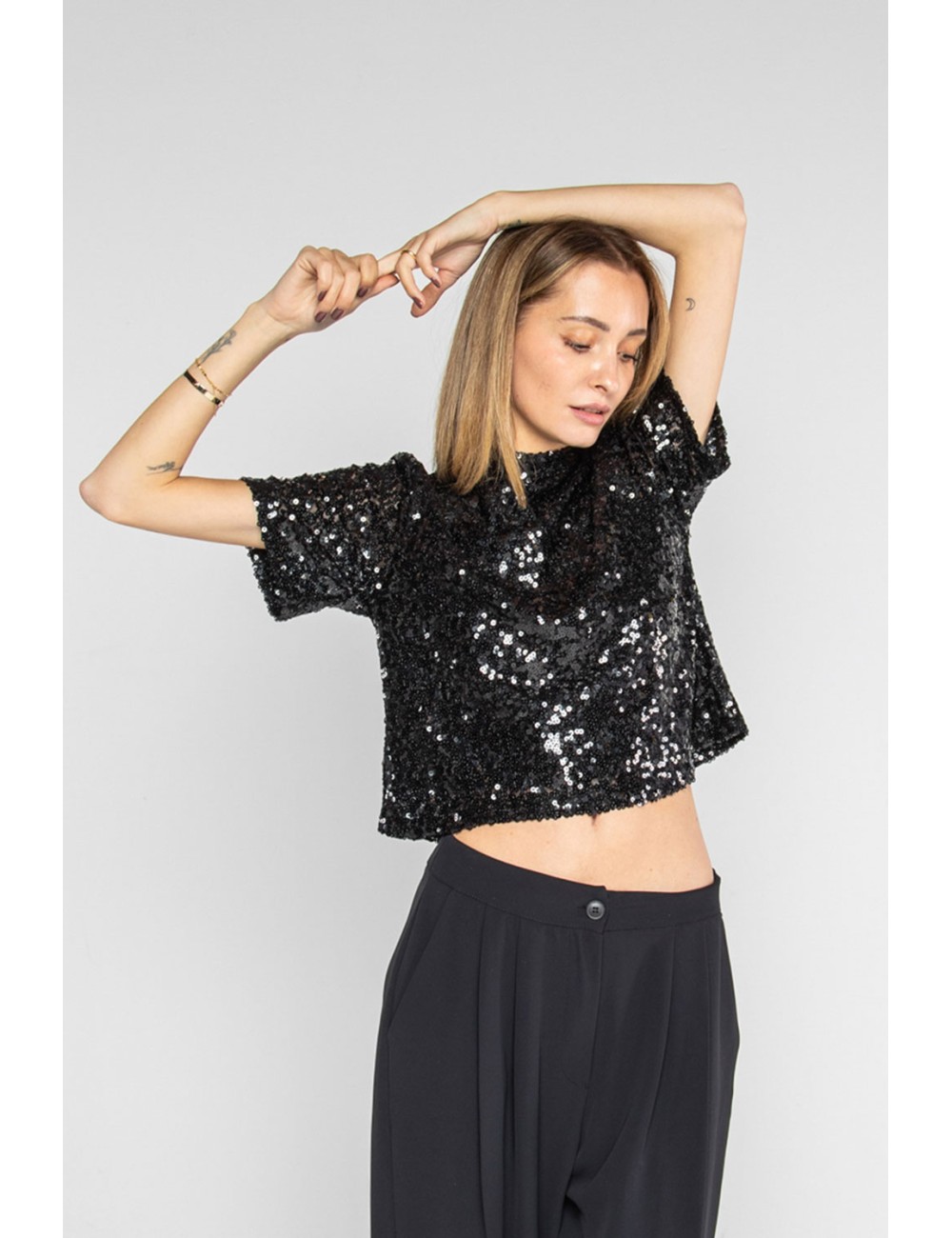 Lokita - top manica corta paillettes 9 lok11154 nero