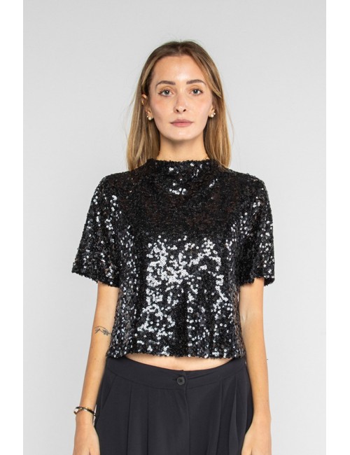 Lokita - top manica corta paillettes 9 lok11154 nero