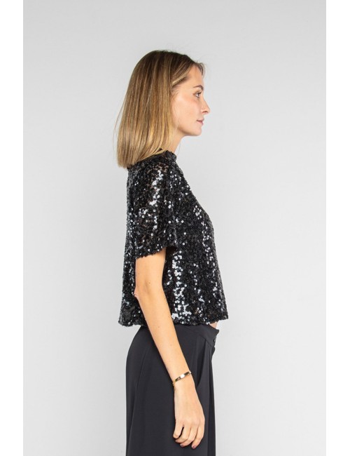 Lokita - top manica corta paillettes 9 lok11154 nero