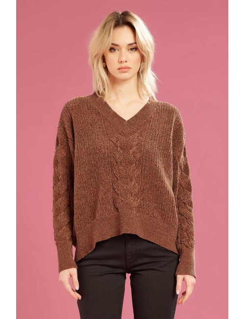 Fresh flower - maglia scollo a v ciniglia ff718 cioccolato