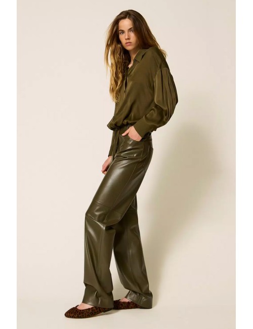 Twinset - pantaloni a sigaretta effetto pelle 252li2ebb 12655 green olive