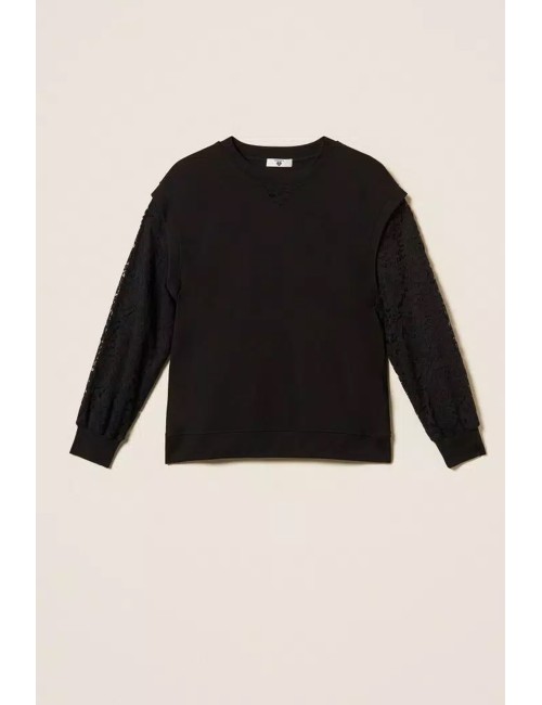 Twinset - felpa con maniche in pizzo 252ll2jcc 00006 nero