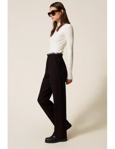 Twinset - pantaloni dritti in felpa con pizzo 252ll2jdd 00006 nero