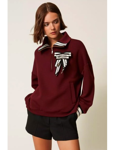 Twinset - felpa in tessuto scuba con spilla 252ll2gcc 12818 red wine