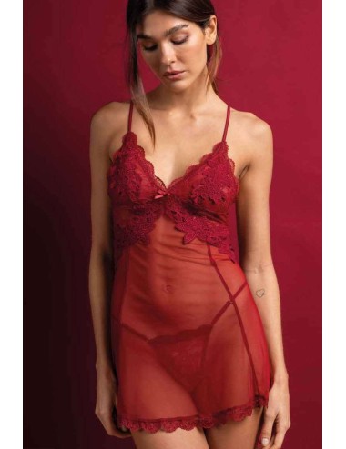 Admas - babydoll + tanga in pizzo e tulle  61465 rosso