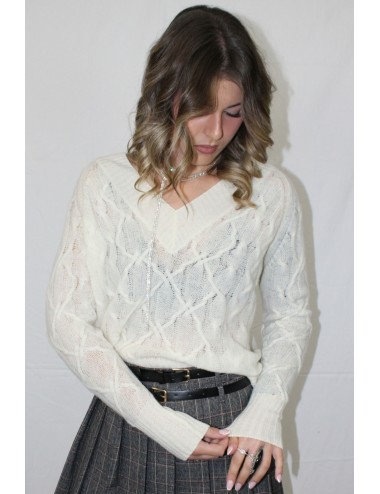 Ermanno scervino - maglia scollo a v m/l d474m501dge 10106 panna