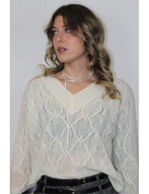 Ermanno scervino - maglia scollo a v m/l d474m501dge 10106 panna