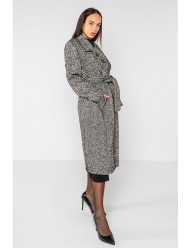 Lokita - cappotto lungo con cintura in tessuto spigato 1280 lok82081 nero/avorio