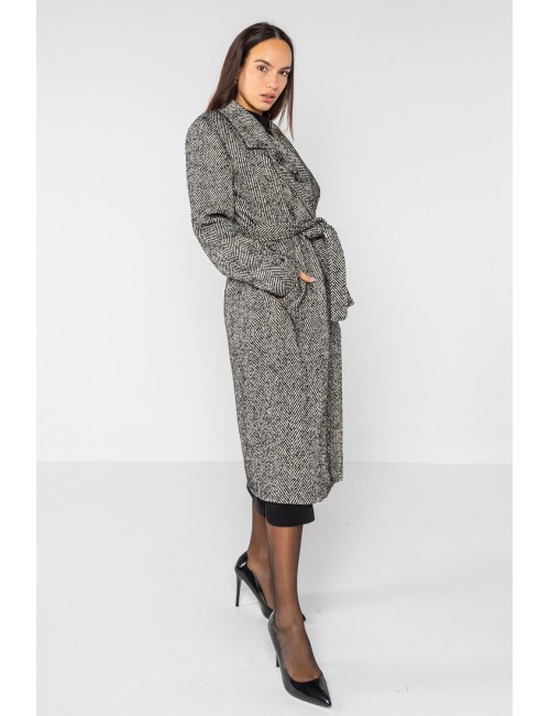 Lokita - cappotto lungo con cintura in tessuto spigato 1280 lok82081 nero/avorio