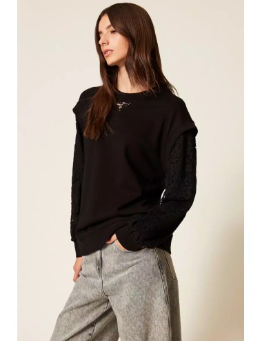 Twinset - felpa con maniche in pizzo 252ll2jcc 00006 nero
