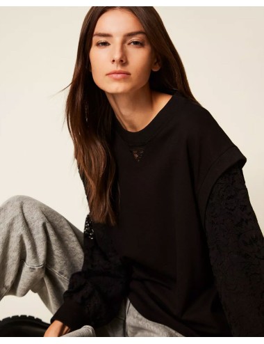 Twinset - felpa con maniche in pizzo 252ll2jcc 00006 nero