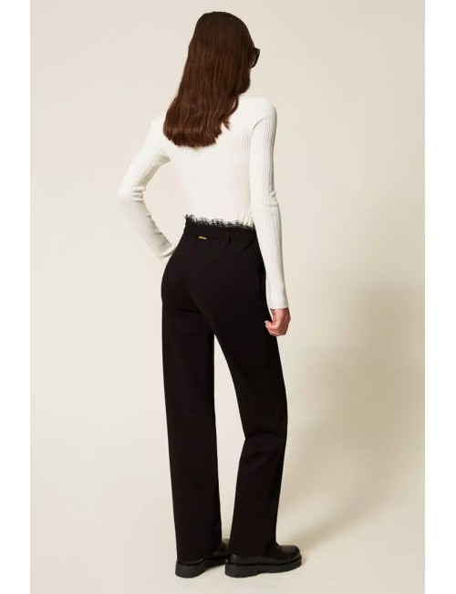 Twinset - pantaloni dritti in felpa con pizzo 252ll2jdd 00006 nero