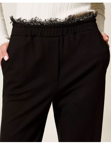 Twinset - pantaloni dritti in felpa con pizzo 252ll2jdd 00006 nero