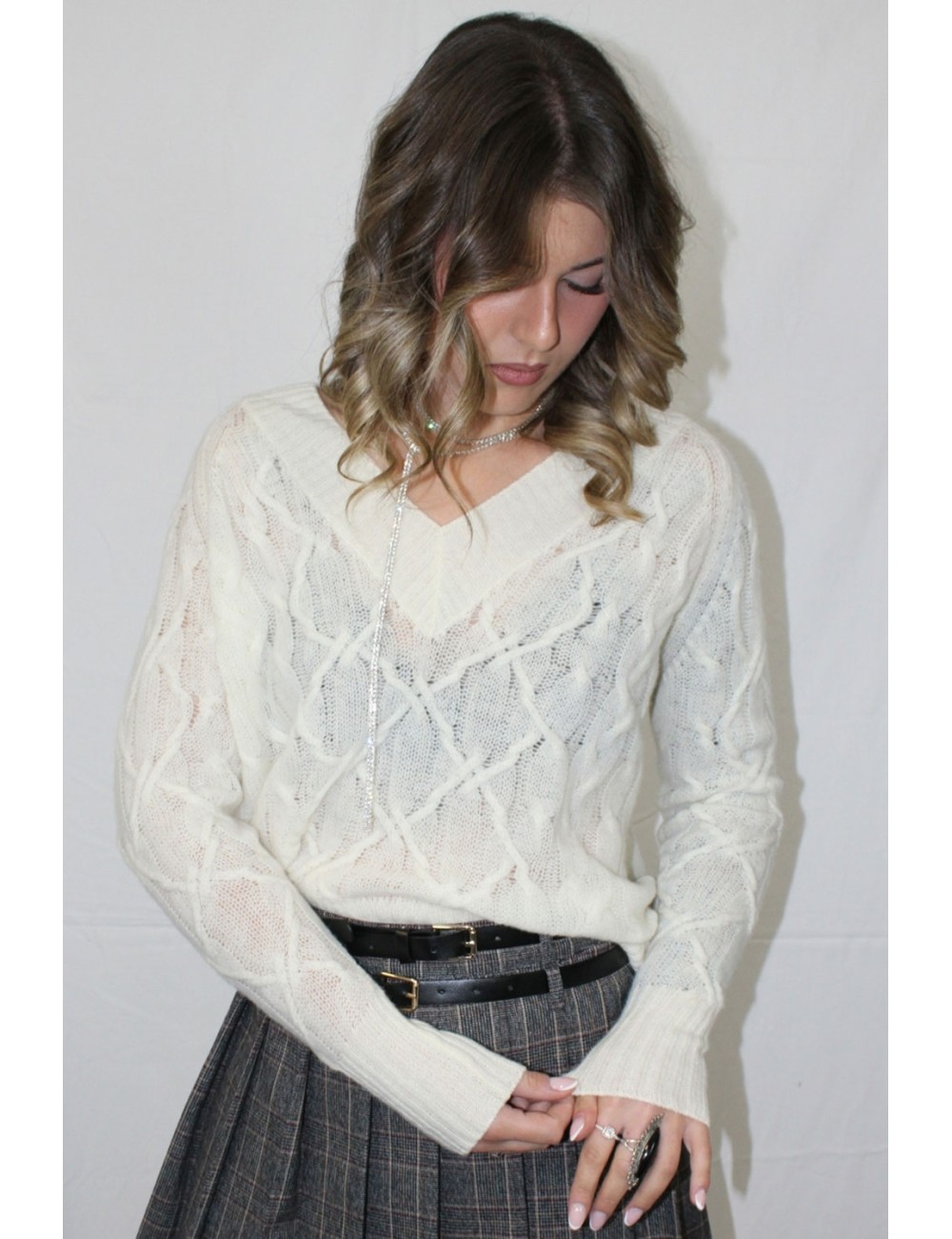 Ermanno scervino - maglia scollo a v m/l d474m501dge 10106 panna