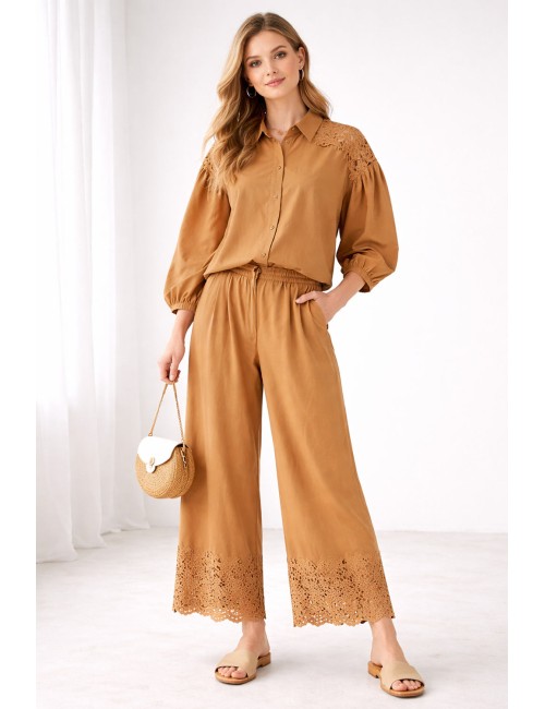 Twinset - pantalone cropped in popeline dettaglio macramè