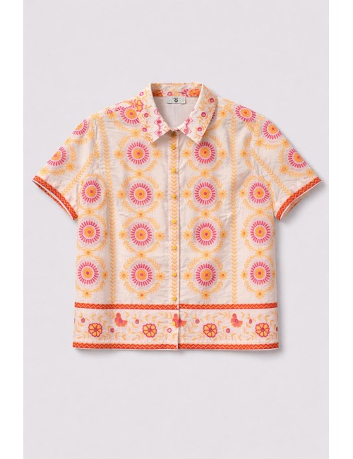 Twinset - camicia m/c mult. off white/orange fucshia cy