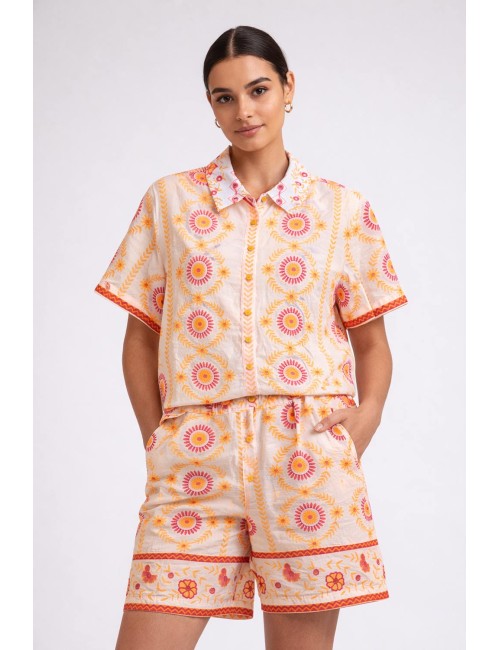 Twinset - camicia m/c mult. off white/orange fucshia cy