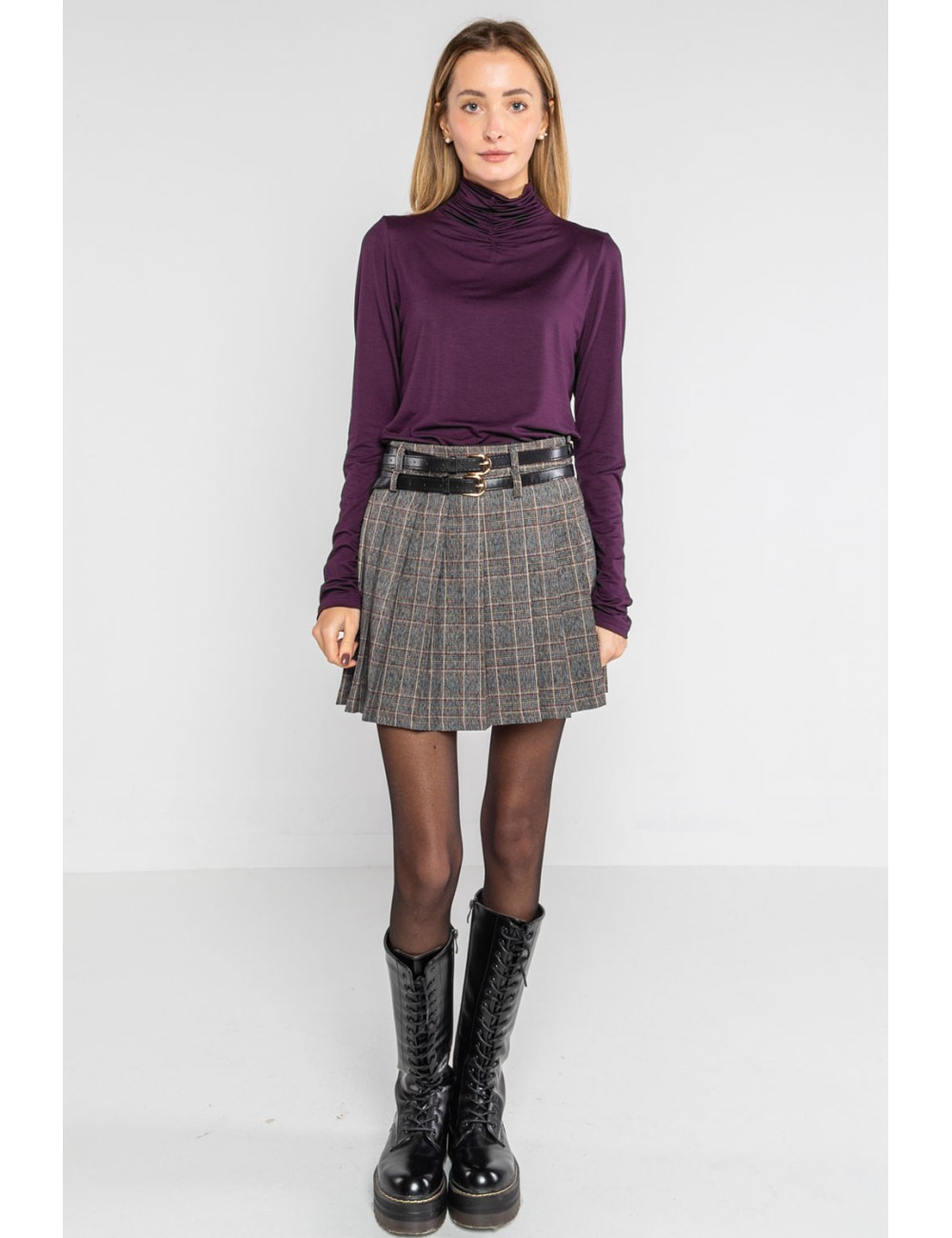 Lokita - gonna pieghe check doppia cintura 1303 lok0558 nero/beige