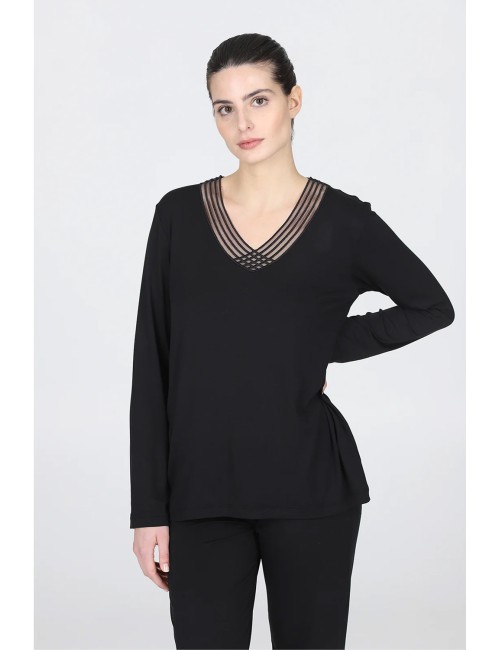 Boglietti - pigiama morbido lungo con scollo v fel170 nero