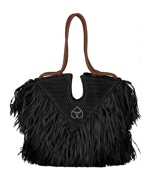 Miss bikini - borsa in eco rafia con frange v6003a tex mix nero