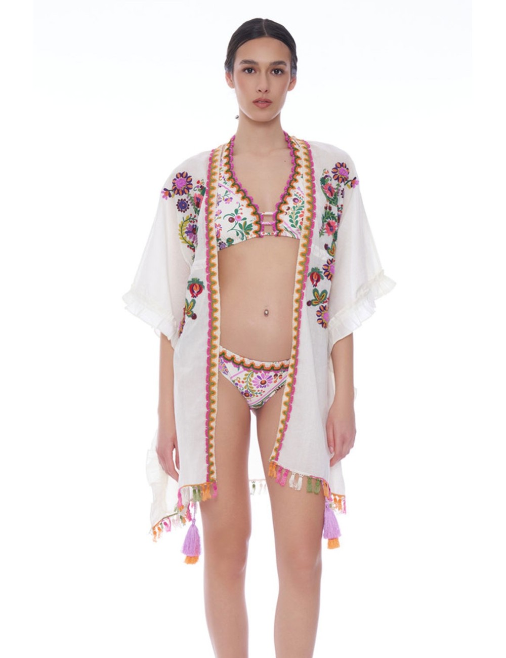 Miss bikini - poncho ricamo e nappine folk v6024d cotone/lino bianco