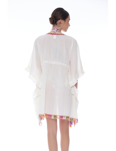 Miss bikini - poncho ricamo e nappine folk v6024d cotone/lino bianco